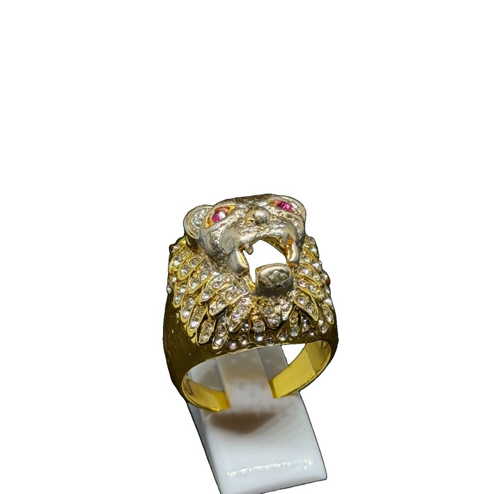 Gold Tone Lion Head Cocktail Ring Clear Pavé Simulated Crystal Size 12